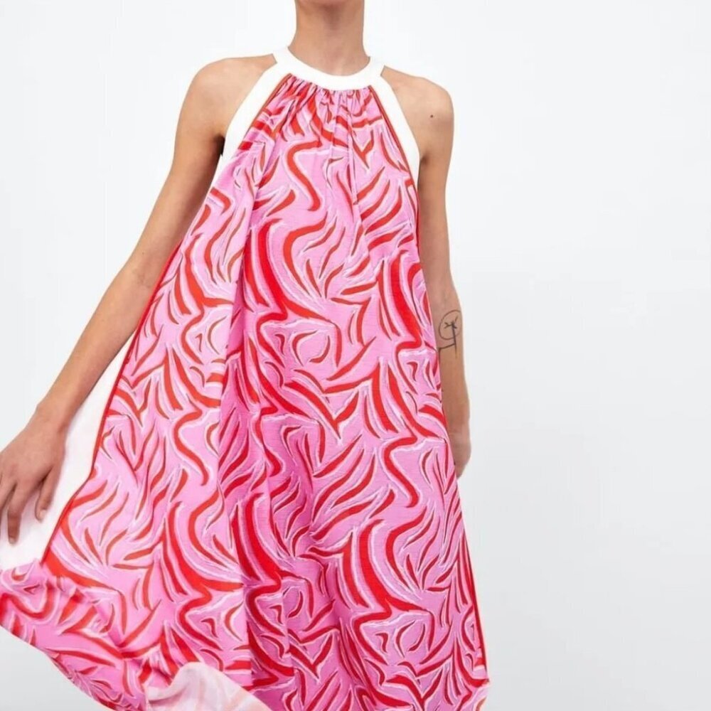NWT Goodnight Macaroon Pink Orange Print Swing Dress High Neck Womens Small